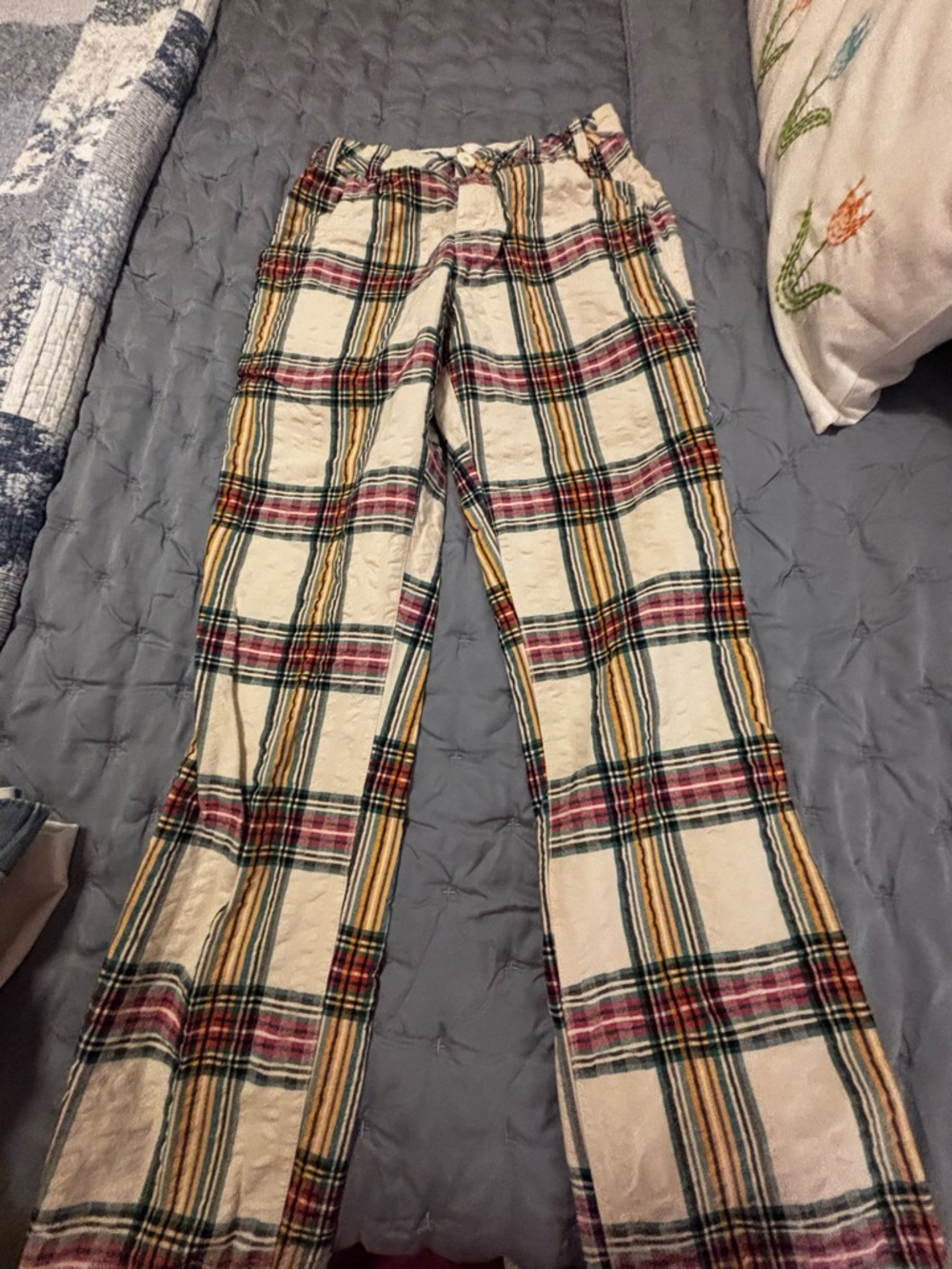 Free People Cream Plaid Wide-Leg Pants with Pink & Mustard Stripes